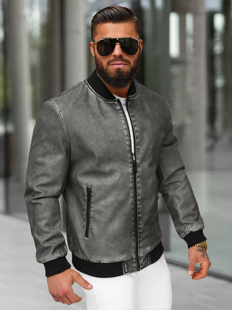 Pánska Koženková Bunda Grafitová OZONEE JS/11Z8107