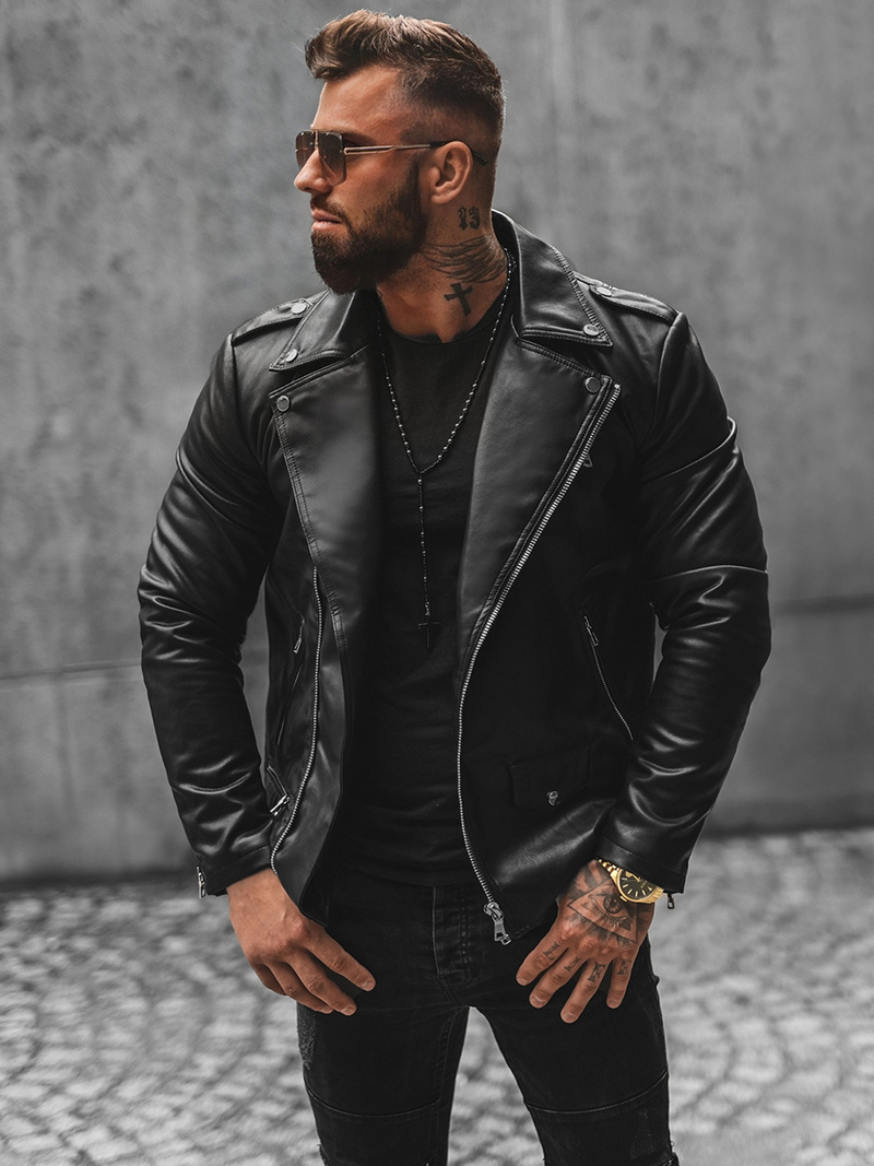 Pánska Koženková Bunda Čierna OZONEE JS/11Z8014