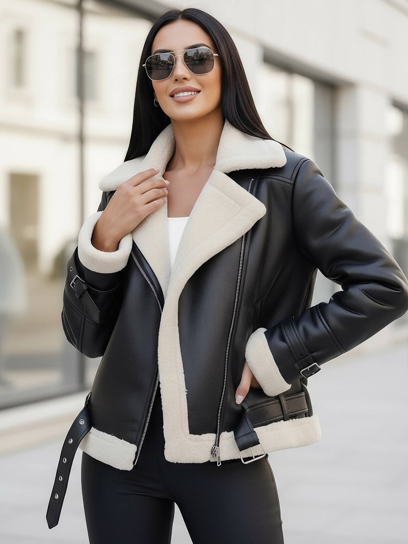 Dámska Kožená Bunda Čierno-Biela OZONEE JS/11Z8177Z