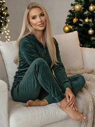 Dámska Velúrová Tepláková Súprava Tmavo-Zelená OZONEE JS/8C1176/9Z