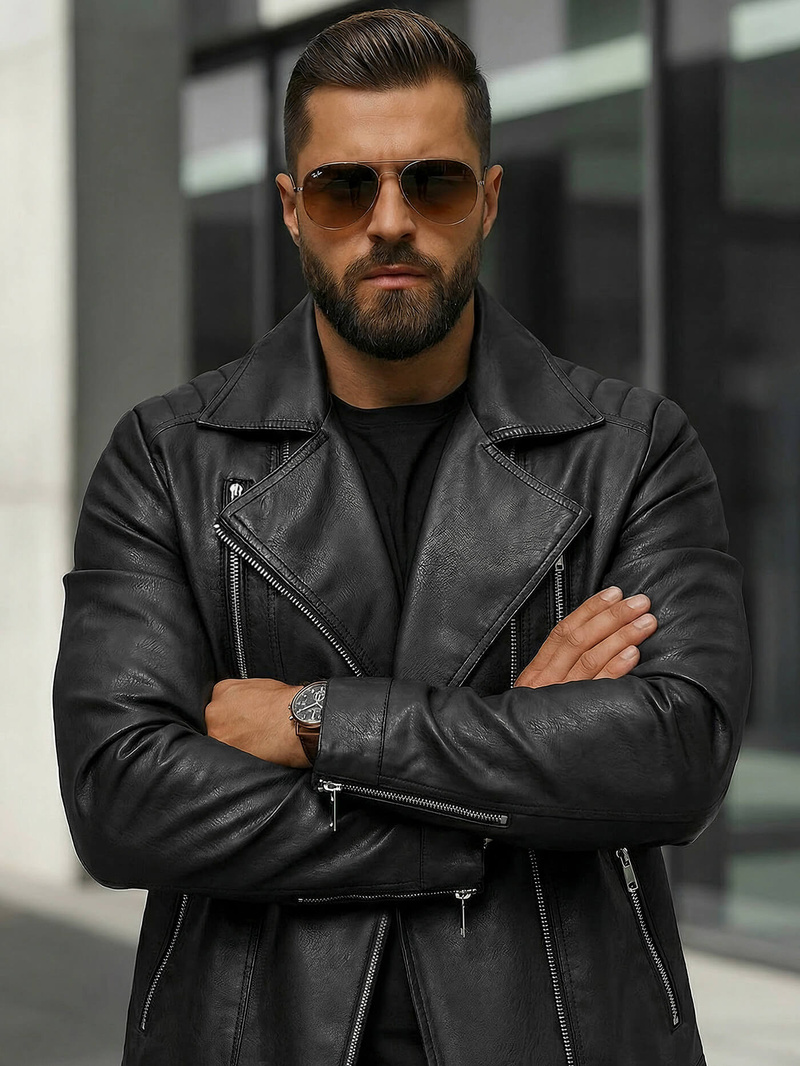 Pánska Koženková Bunda Čierna OZONEE JS/11Z8067Z