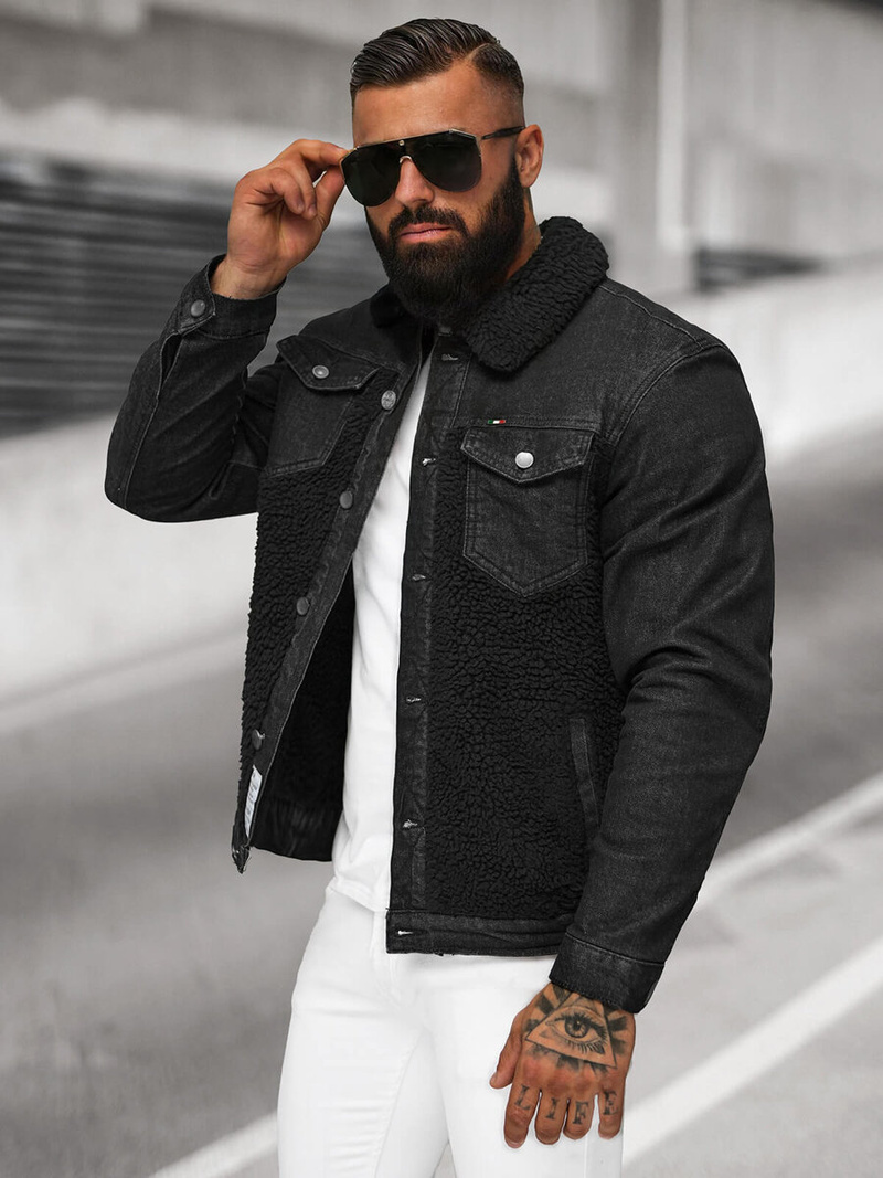 Pánska Riflová Bunda Šerpa Čierna OZONEE NB/MJ533NZ