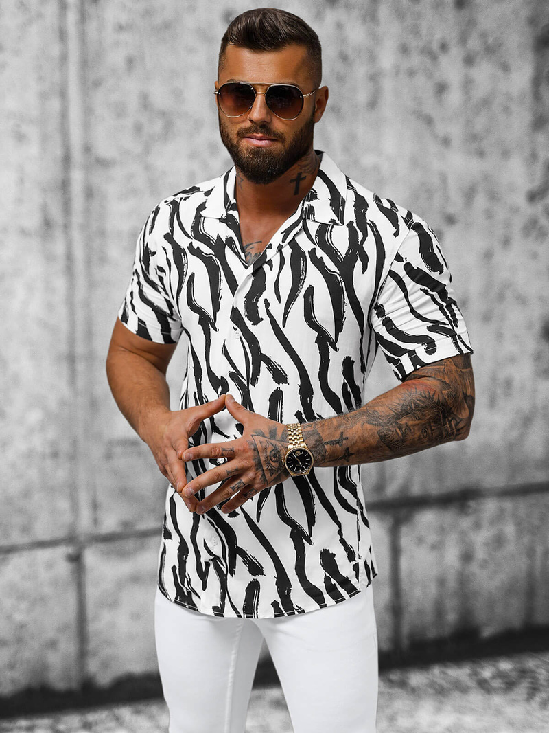 Pánska košeľa s krátkym rukávom bielo-čierna OZONEE E/1400/59