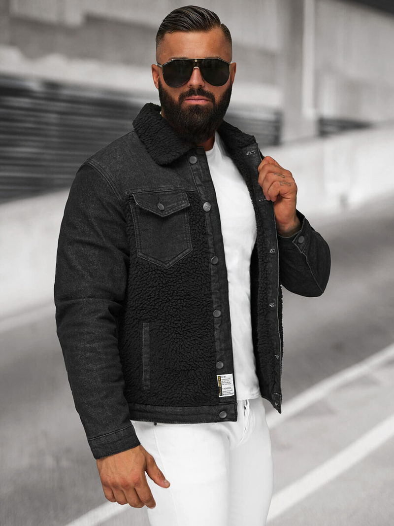 Pánska Riflová Bunda Šerpa Čierna OZONEE NB/MJ533NZ