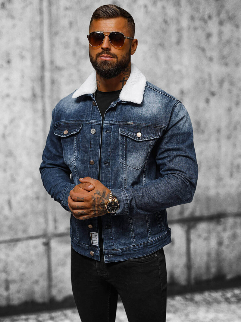 Pánska Riflová Bunda Šerpa Tmavomodrá OZONEE NB/MJ516BSZ