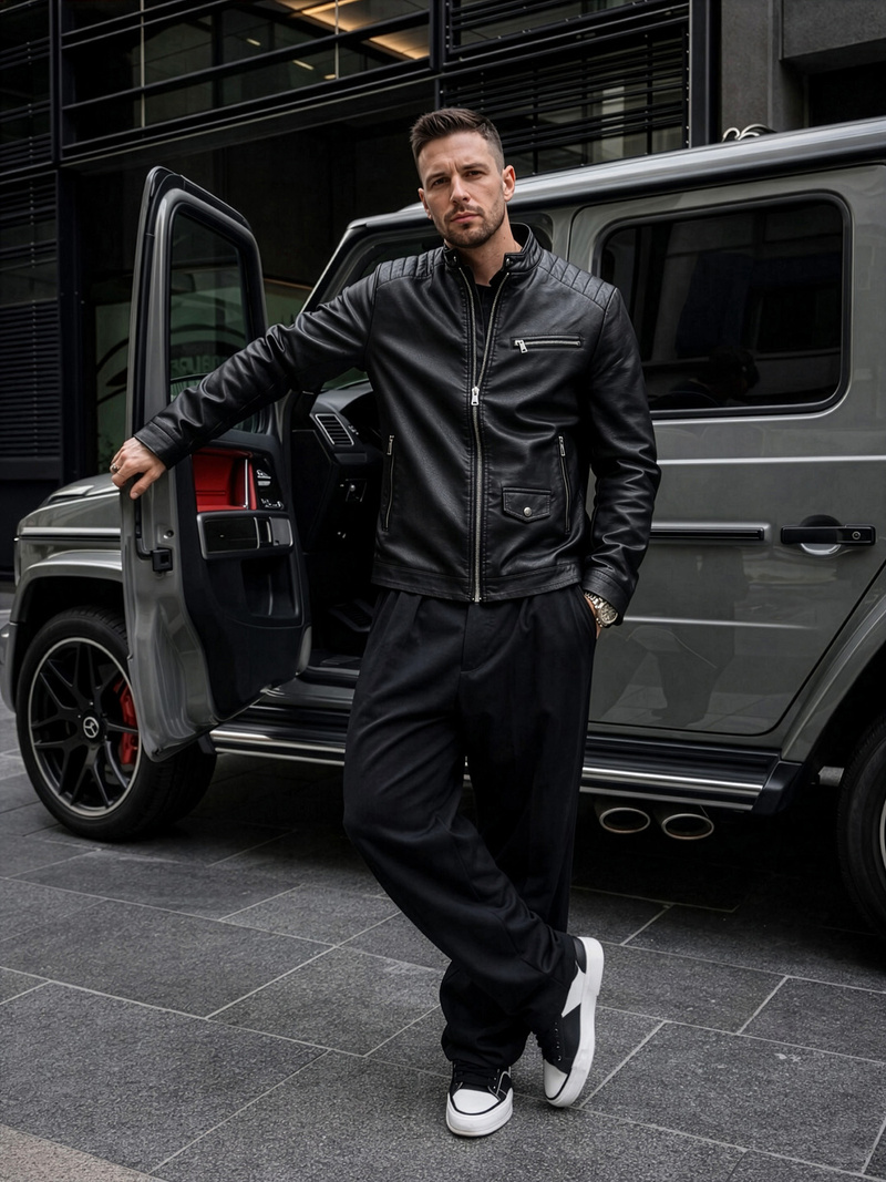 Pánska Koženková Bunda Čierna OZONEE JS/11Z8021