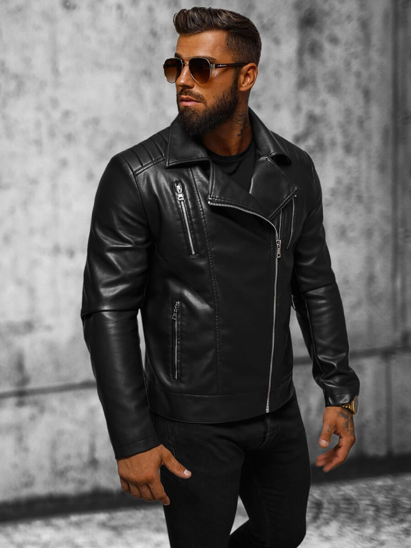 Pánska Koženková Bunda Čierna OZONEE JS/11Z8056