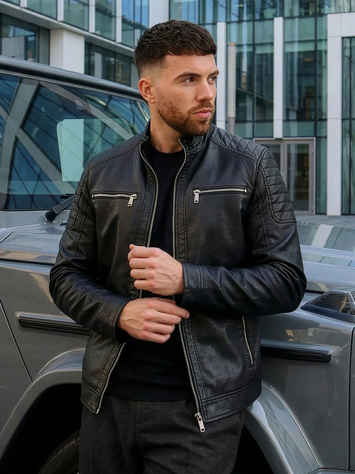 Pánska Koženková Bunda Čierna OZONEE JS/11Z8137