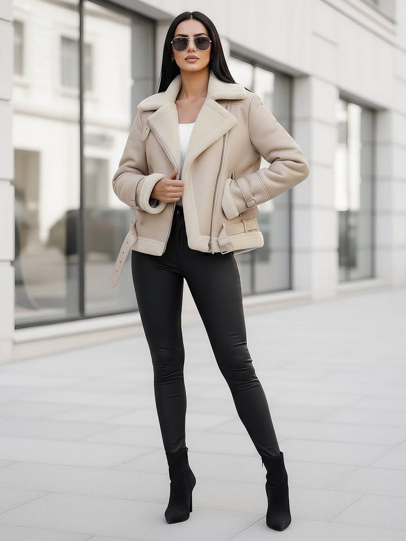 Dámska Kožená Bunda Béžová OZONEE JS/11Z8177Z