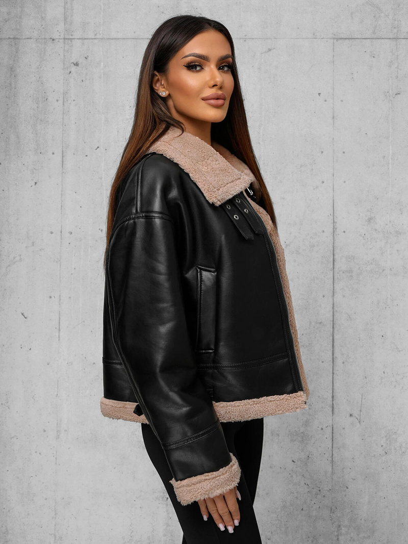 Dámska kožená bunda čierno-béžová OZONEE JS/11Z8176Z