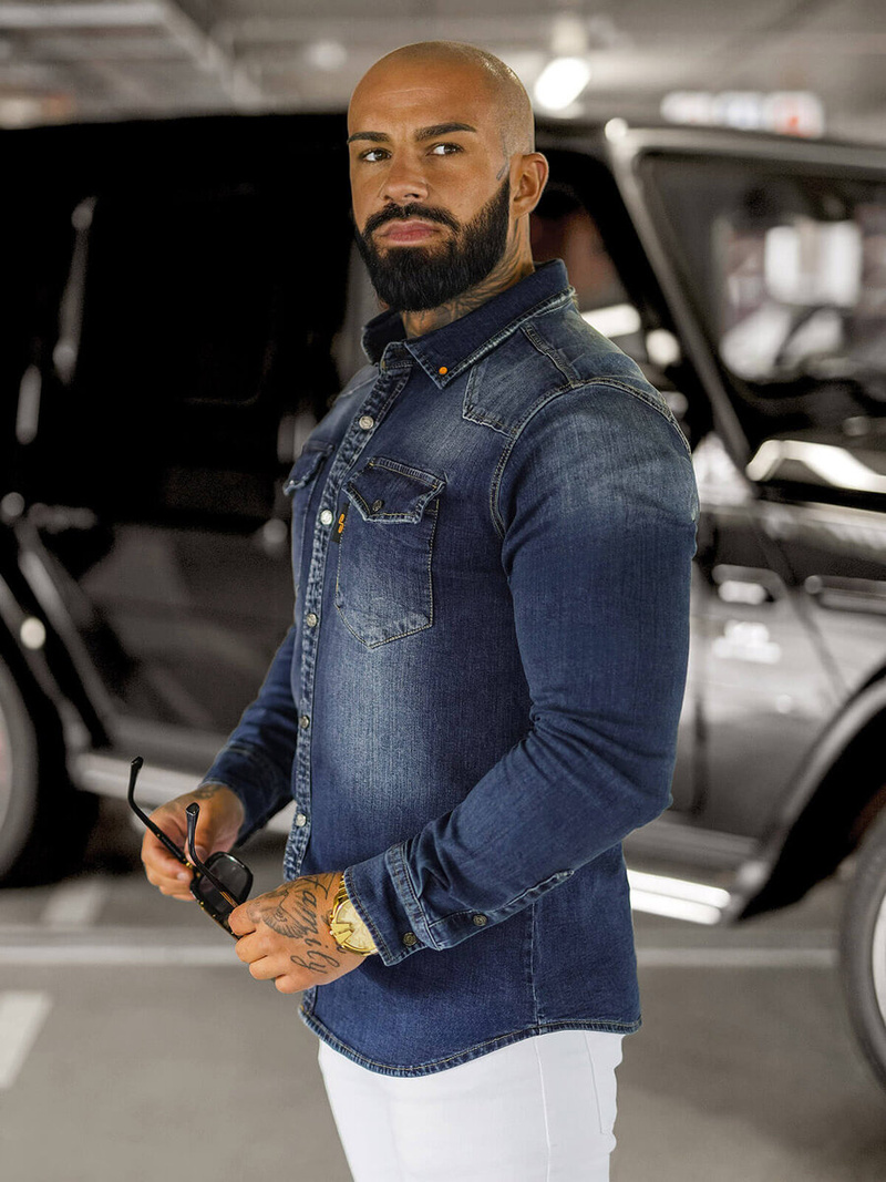 Pánska riflová košeľa tmavomodrá OZONEE O/51410