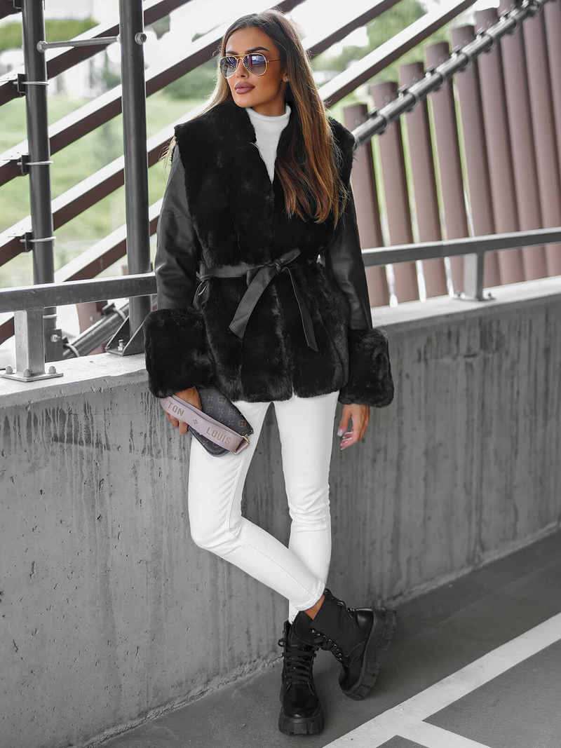 Dámska Kožená Bunda Čierna OZONEE JS/11Z8079Z