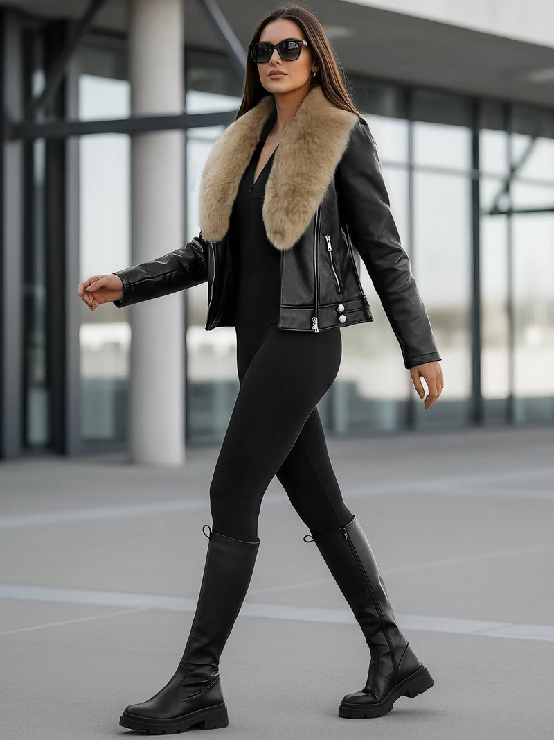 Dámska kožená bunda čierno-béžová OZONEE JS/61M8508/392BZ