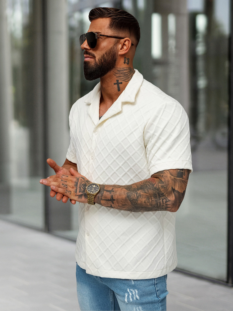 Pánska Košeľa s Krátkym Rukávom Ecru OZONEE O/B2257