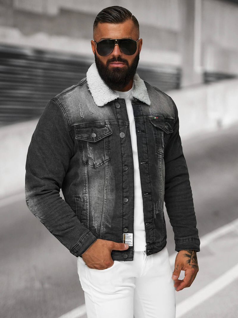 Pánska Riflová Bunda Šerpa Čierna OZONEE NB/MJ513N