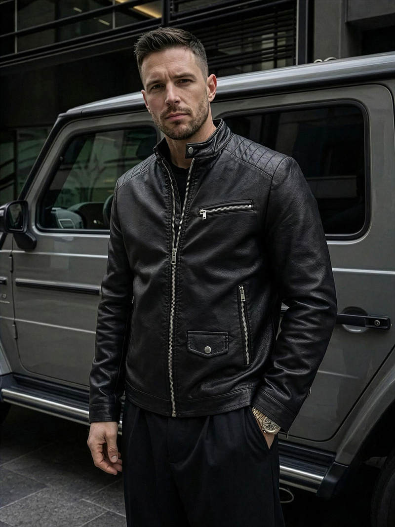 Pánska Koženková Bunda Čierna OZONEE JS/11Z8021