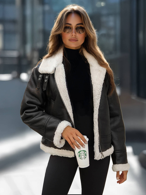 Dámska Kožená Bunda Čierna OZONEE JS/11Z8178Z