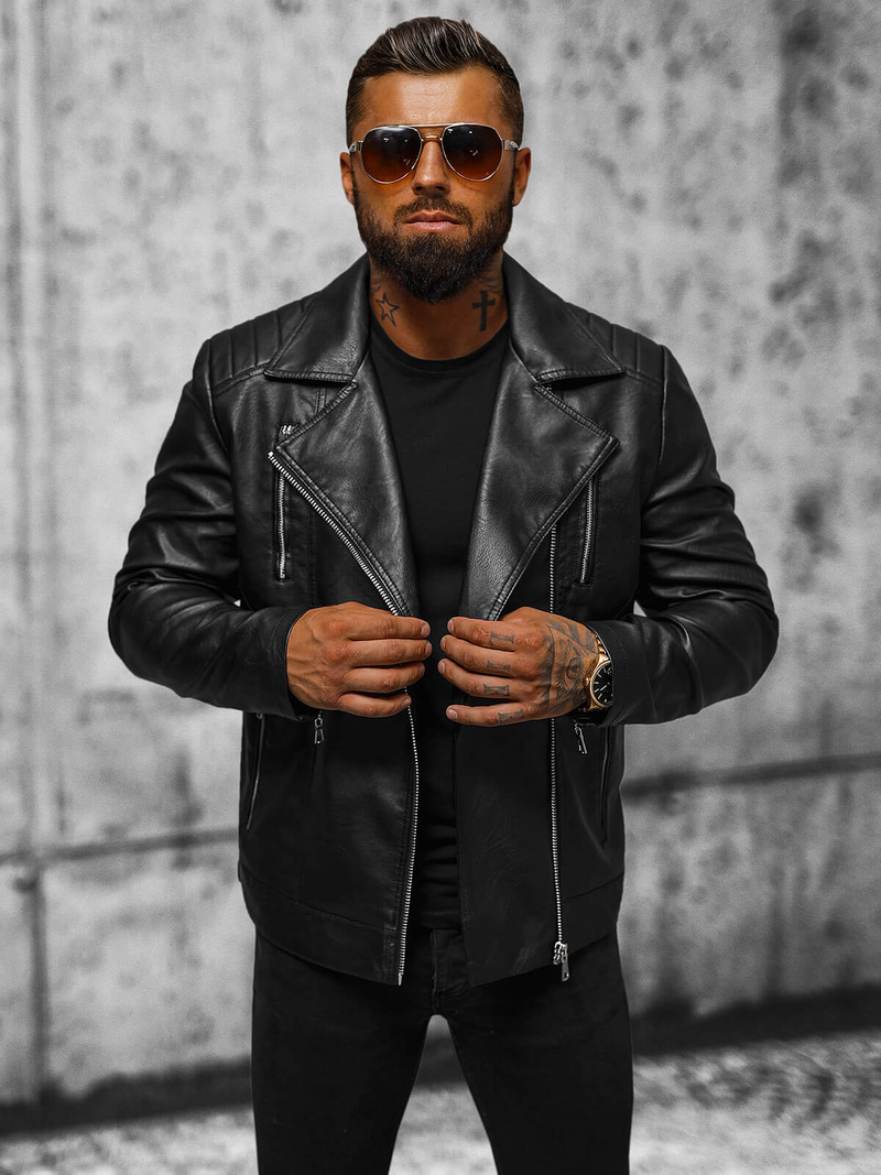 Pánska Koženková Bunda Čierna OZONEE JS/11Z8067