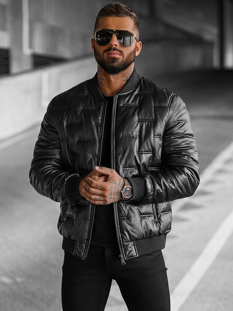 Pánska Koženková Bunda Čierna OZONEE O/11Z8099Z