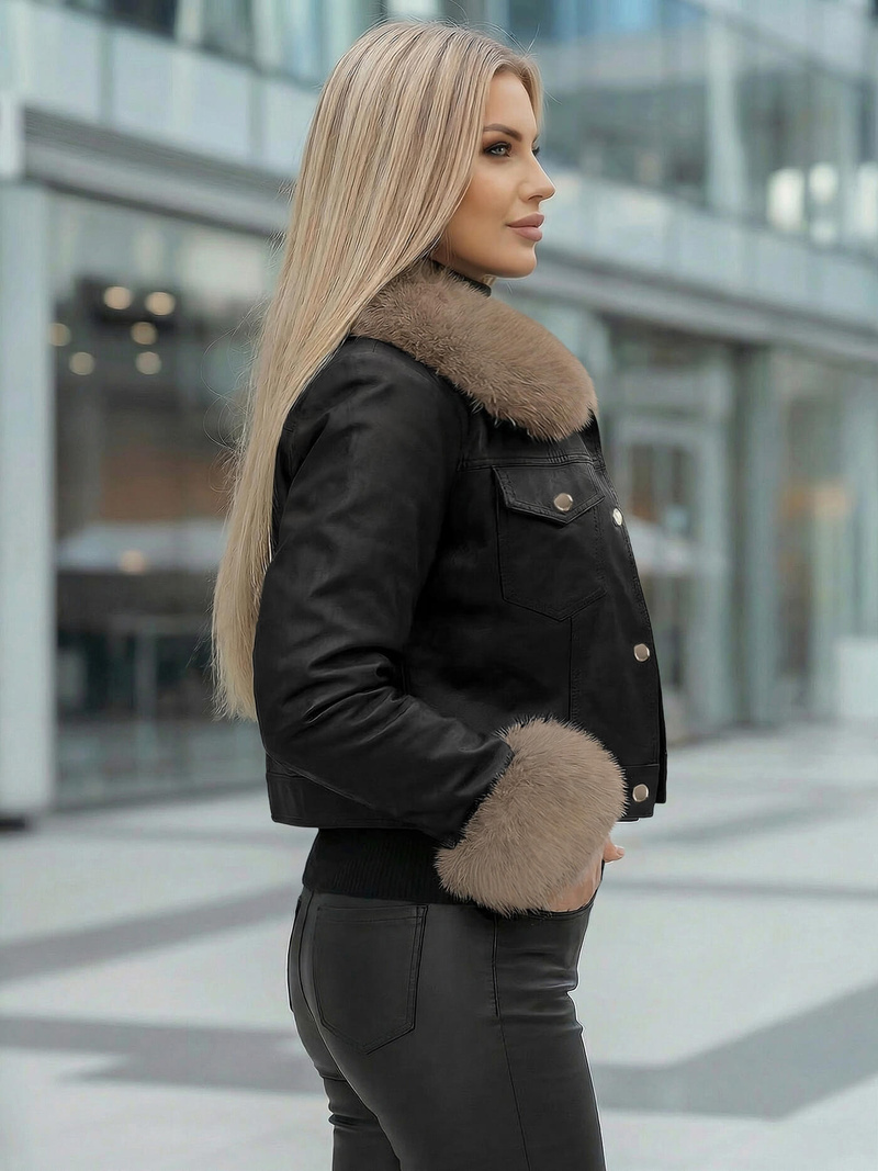 Dámska kožená bunda čierno-béžová OZONEE JS/61M8513/392B