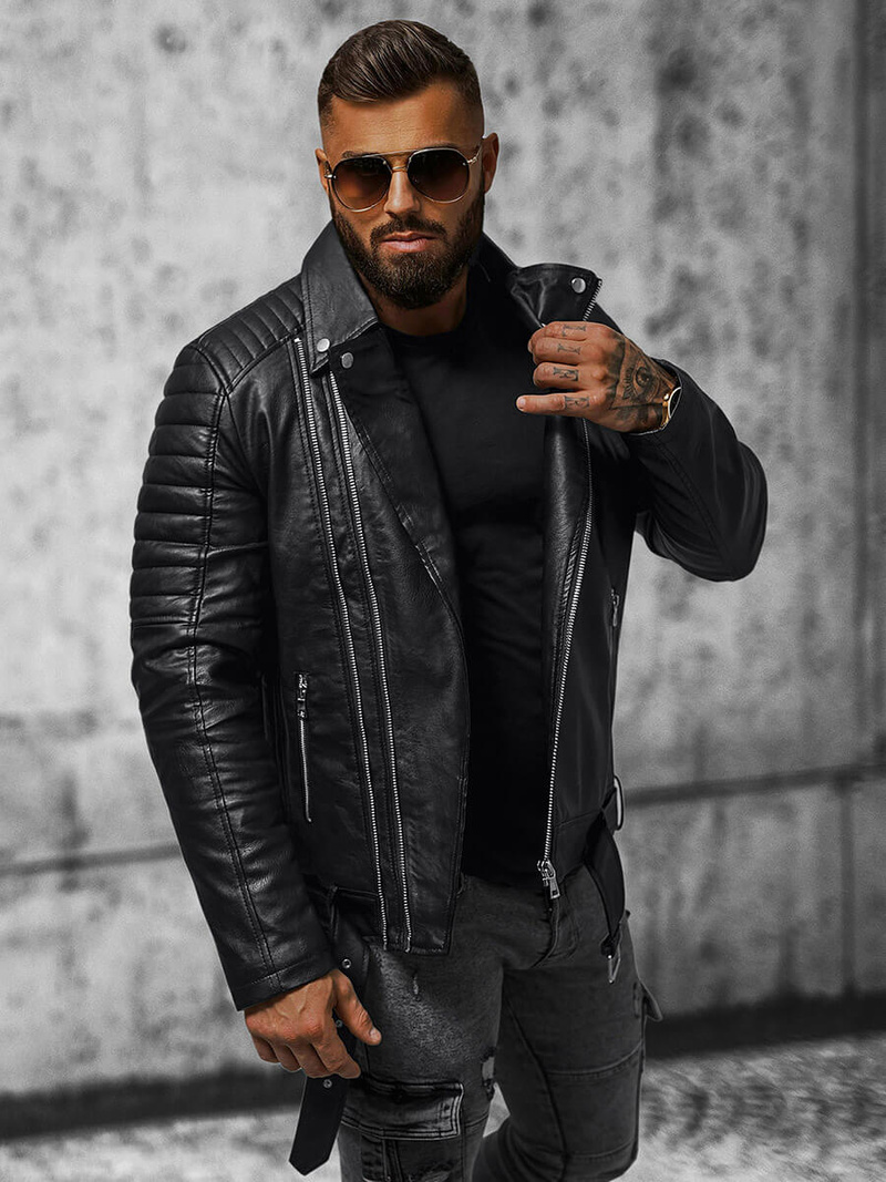 Pánska Koženková Bunda Čierna OZONEE JS/11Z8005Z