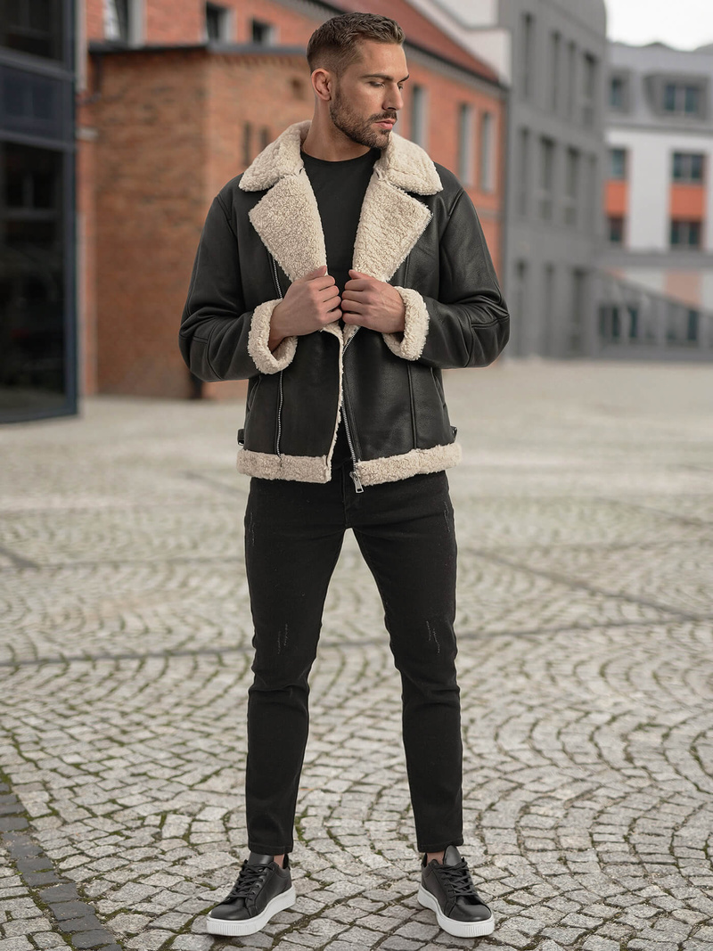 Pánska koženková bunda Čierna OZONEE JS/11Z8273