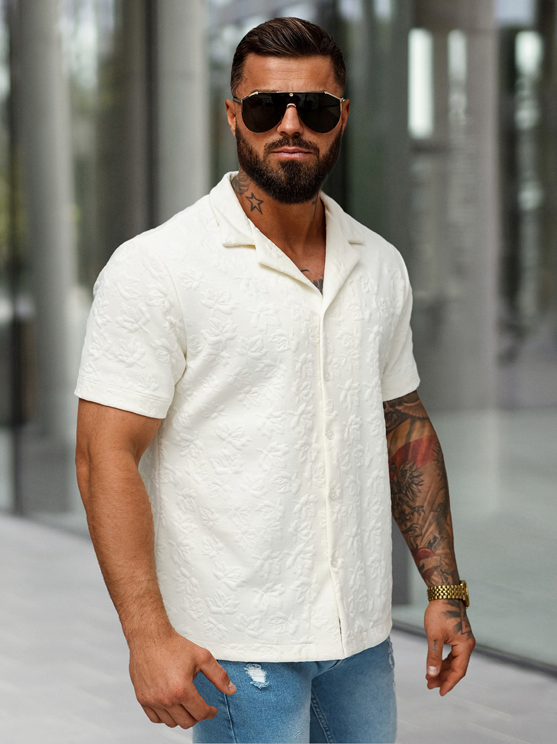 Pánska Košeľa s Krátkym Rukávom Ecru OZONEE O/B2258