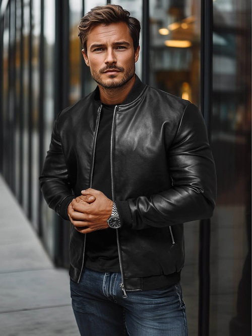 Pánska Koženková Bunda Čierna OZONEE JS/11Z8106Z