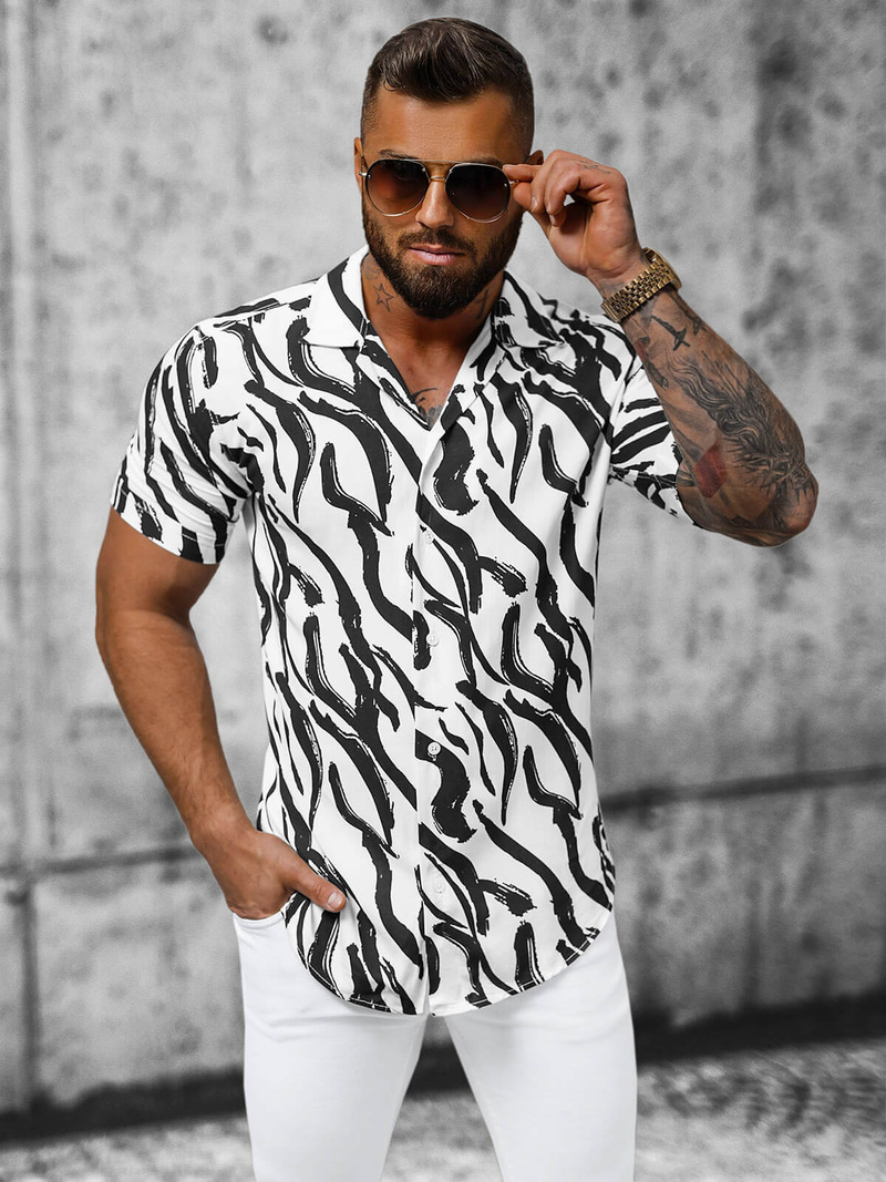 Pánska košeľa s krátkym rukávom bielo-čierna OZONEE E/1400/59