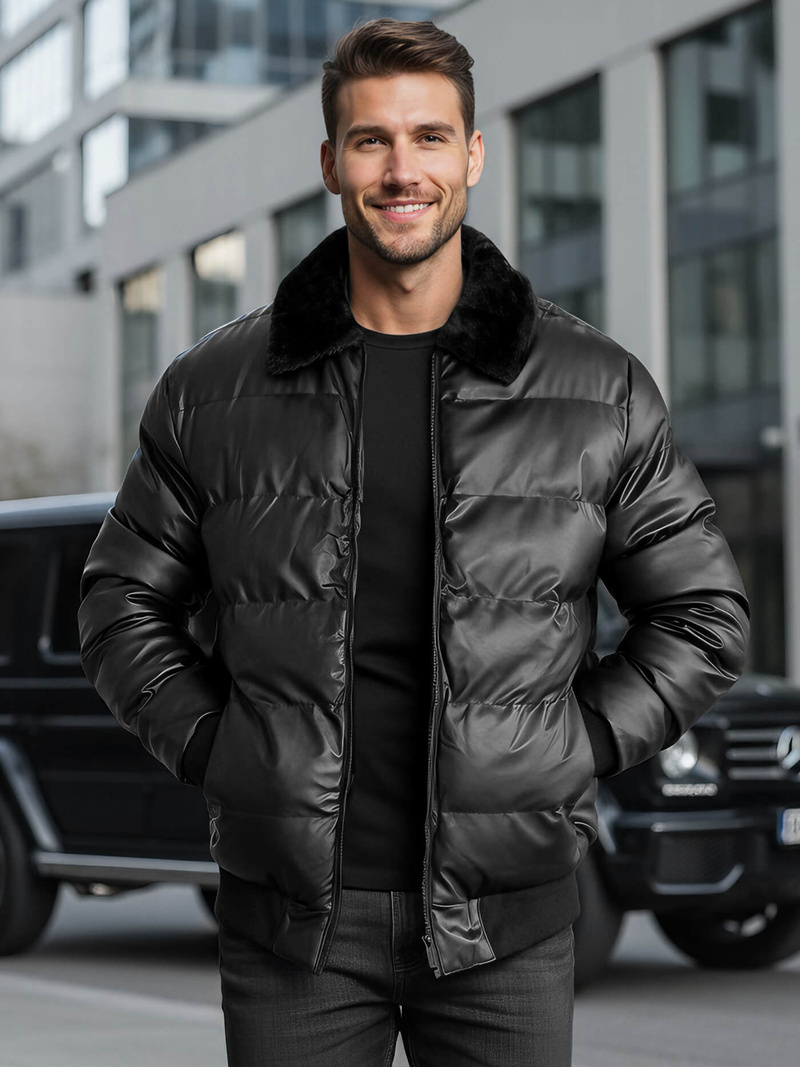 Pánska Koženková Bunda Čierna OZONEE O/M795Z