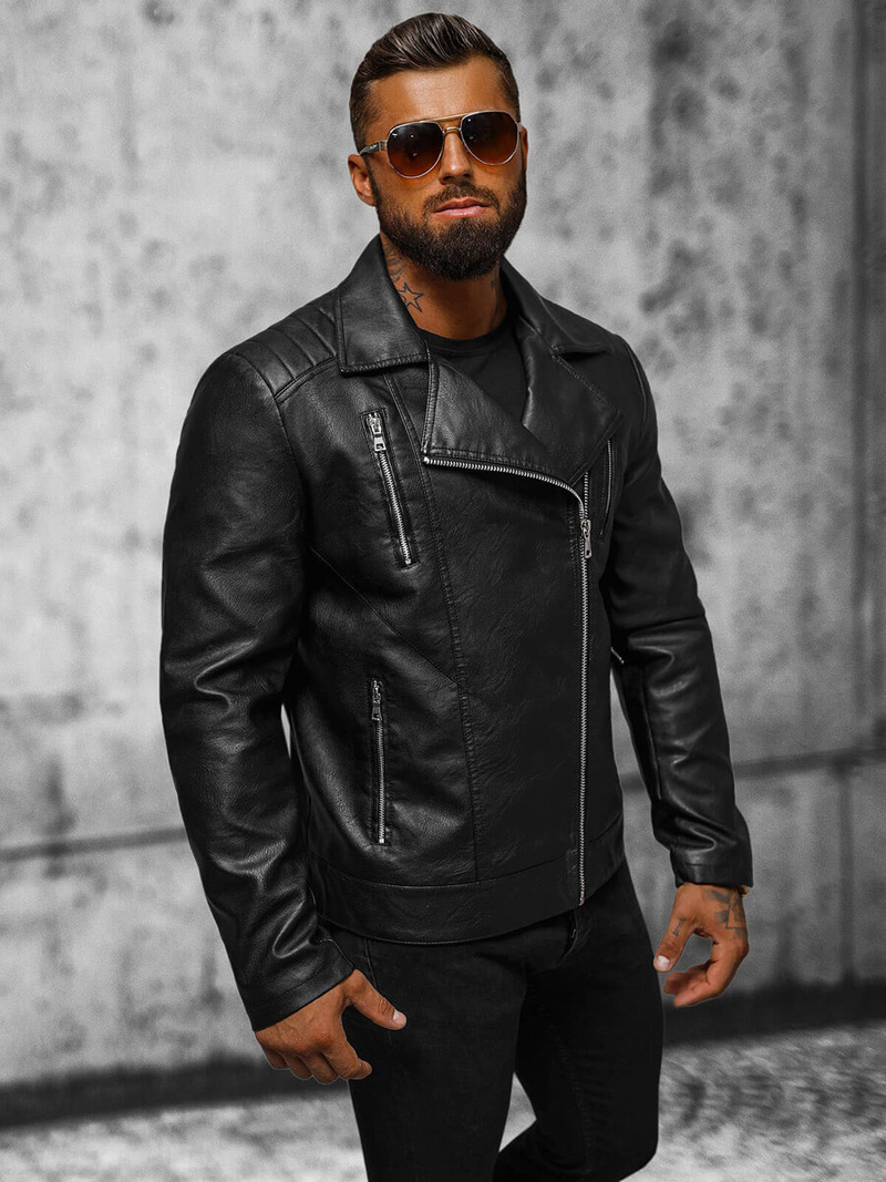 Pánska Koženková Bunda Čierna OZONEE JS/11Z8067