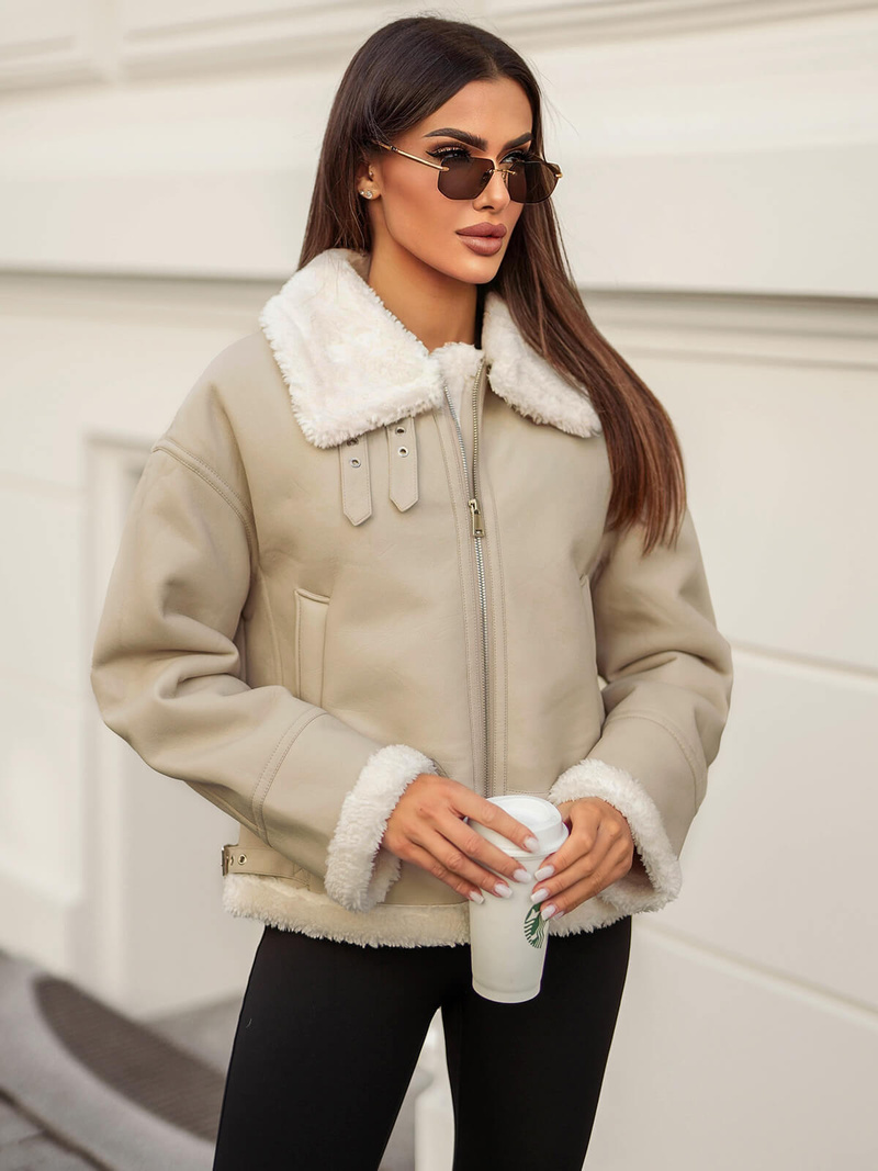 Dámska Kožená Bunda Béžová OZONEE JS/11Z8178