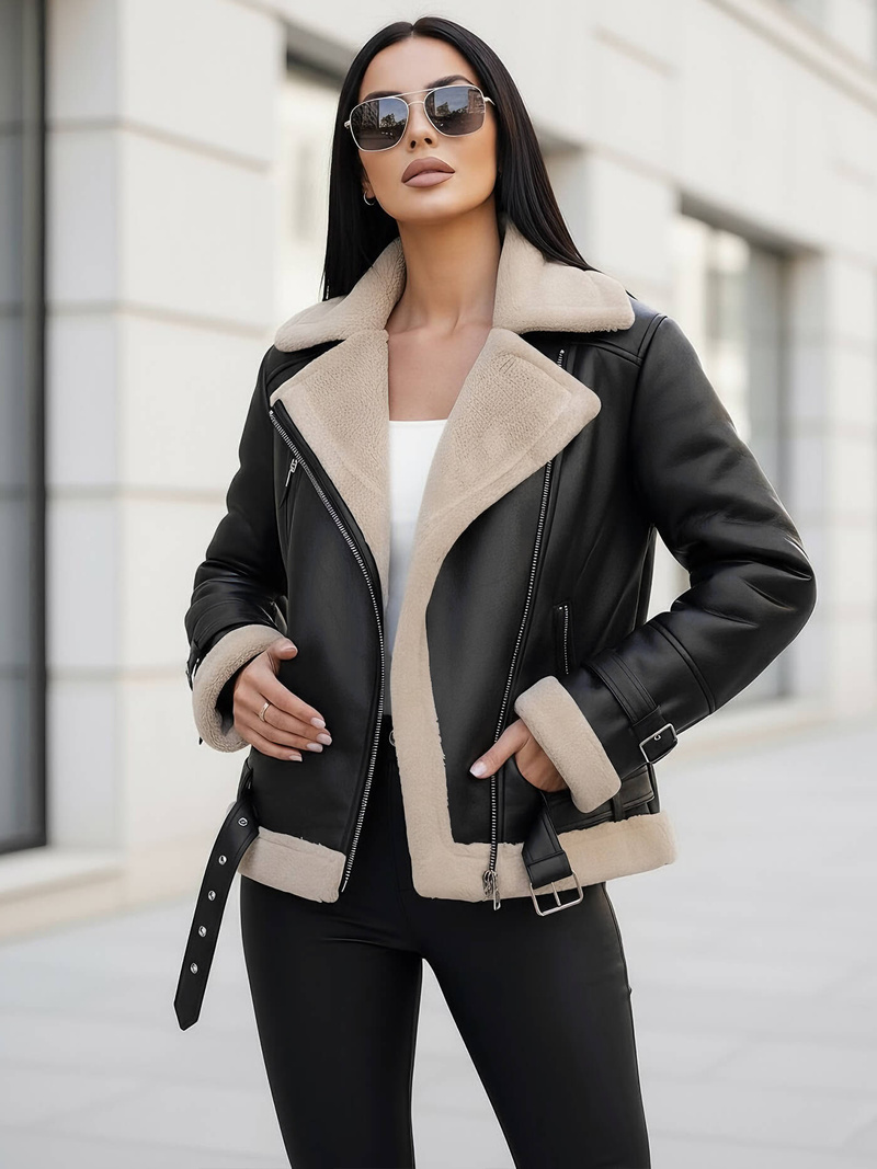 Dámska kožená bunda čierno-béžová OZONEE JS/11Z8177Z
