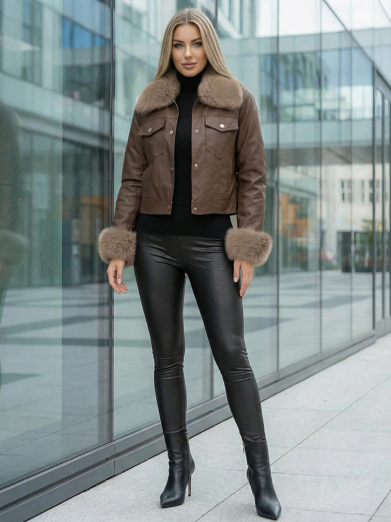 Dámska Kožená Bunda Čokoláda OZONEE JS/61M8513/158