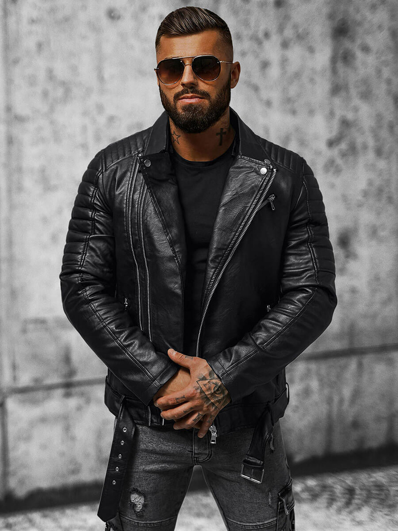 Pánska Koženková Bunda Čierna OZONEE JS/11Z8005Z