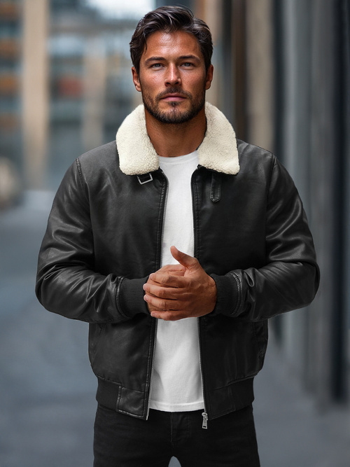 Pánska Koženková Bunda Čierna OZONEE JB/JP1178Z