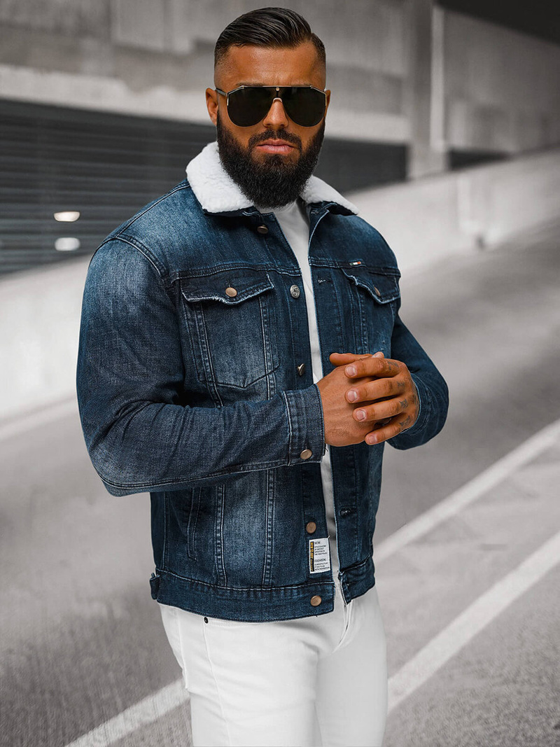 Pánska Riflová Bunda Šerpa Tmavomodrá OZONEE NB/MJ516BSZ