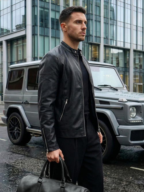 Pánska Koženková Bunda Čierna OZONEE JS/11Z8027