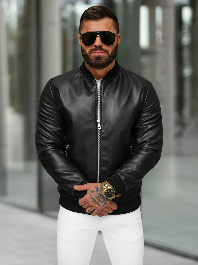 Pánska Koženková Bunda Čierna OZONEE JS/11Z8107