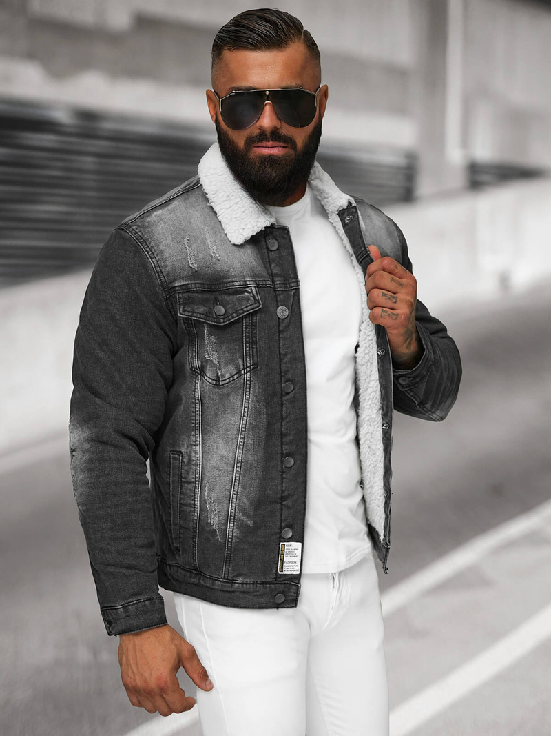 Pánska Riflová Bunda Šerpa Čierna OZONEE NB/MJ513N