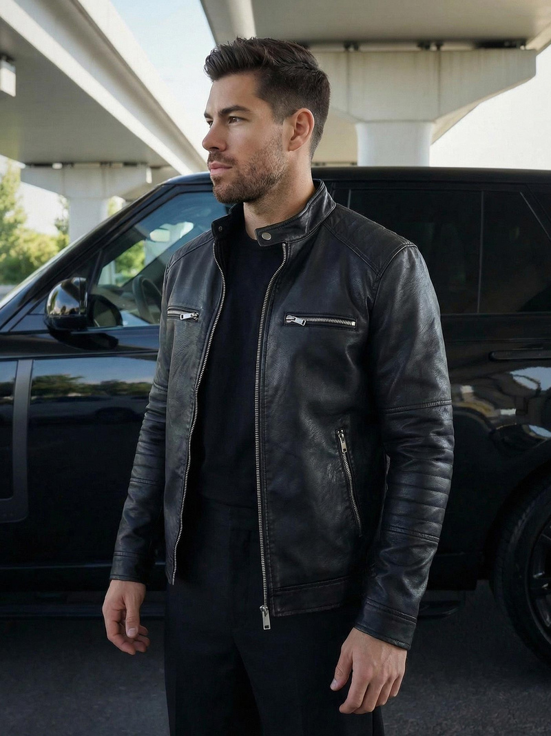 Pánska Koženková Bunda Čierna OZONEE JS/11Z8066