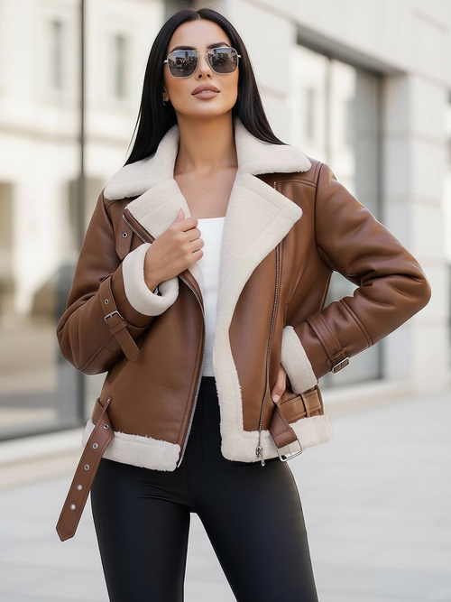 Dámska Kožená Bunda Hnedá OZONEE JS/11Z8177Z