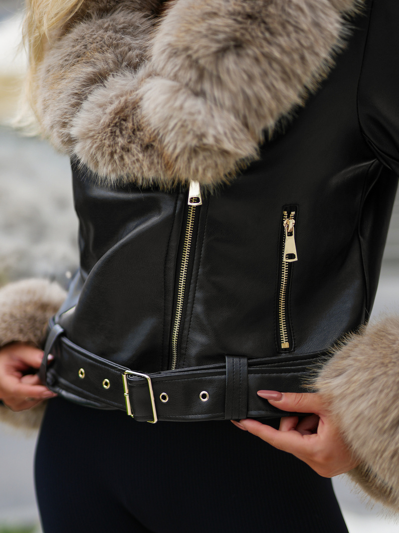 Dámska kožená bunda čierno-béžová OZONEE JS/61M8511/392B