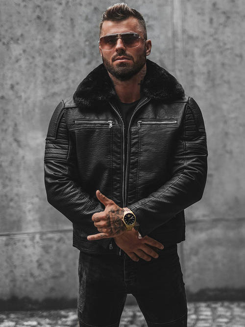 Pánska Koženková Bunda Čierna OZONEE JS/11Z8013Z