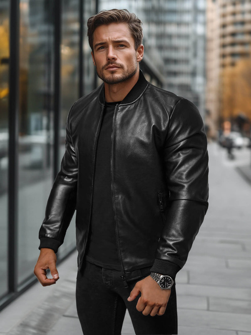 Pánska Koženková Bunda Čierna OZONEE JS/11Z8105Z