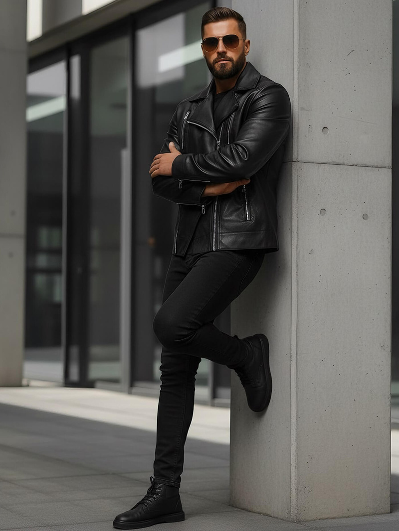 Pánska Koženková Bunda Čierna OZONEE JS/11Z8067Z