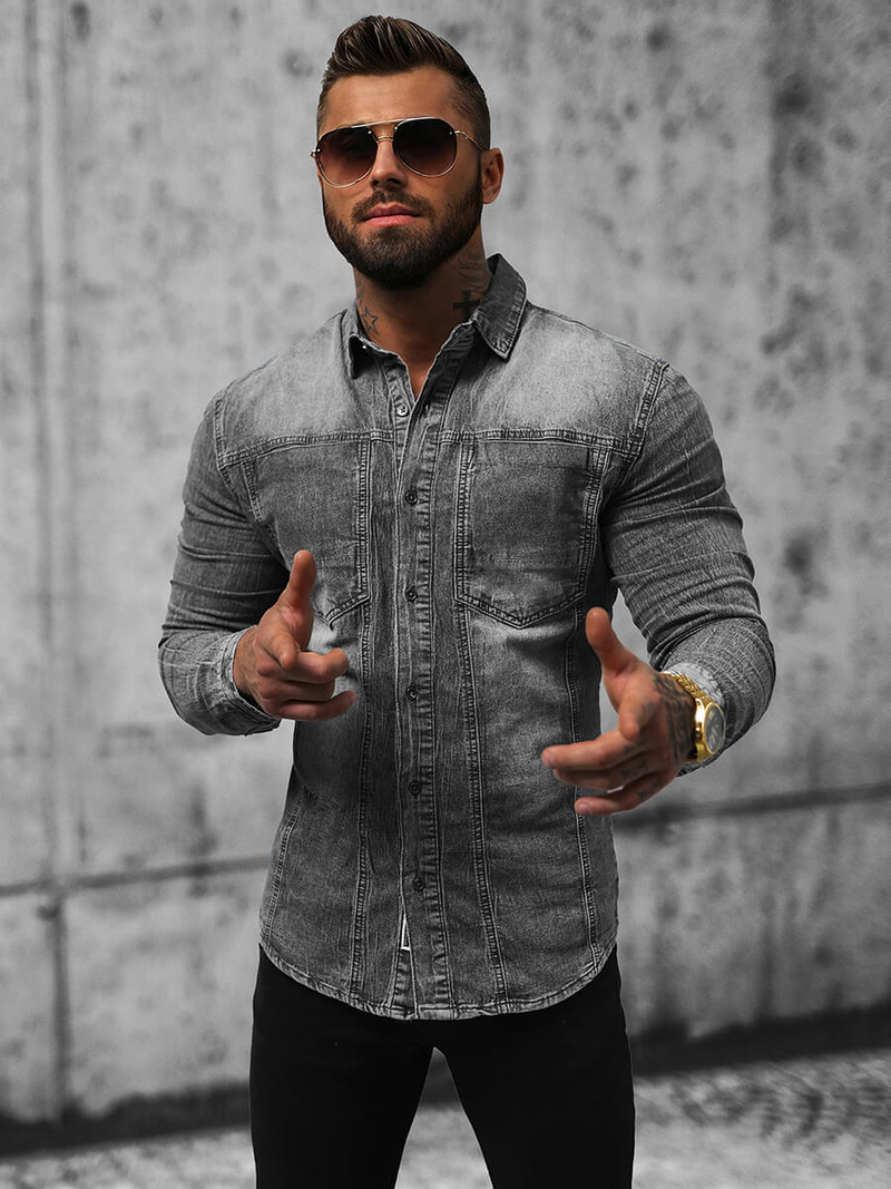 Pánska riflová košeľa sivá OZONEE NB/MC712G