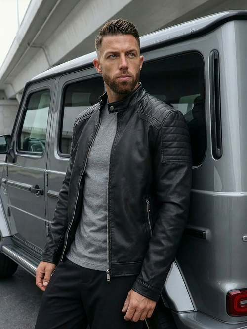 Pánska Koženková Bunda Čierna OZONEE JS/11Z8139