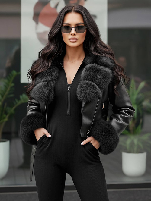 Dámska kožená bunda čierna OZONEE JS/61M8511/392AZ