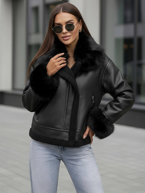 Dámska Kožená Bunda Čierna OZONEE JS/61M8505/392Z